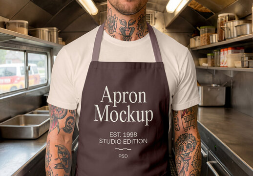 Men Wearing Apron inside the Food Truck Mockup