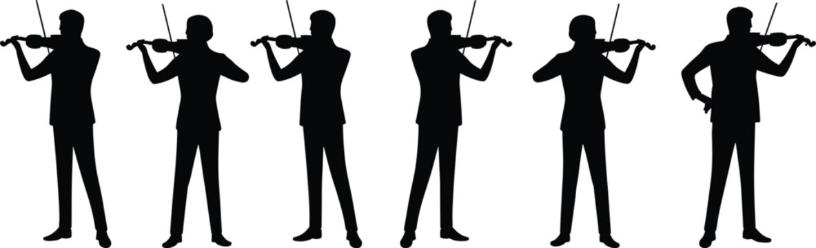 Violinist silhouettes collection performing classical music, musician standing poses with violin, orchestra concept isolated on white background for concert, culture, and artistic design projects