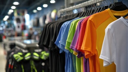 Fototapeta premium Colorful t-shirts displayed in a clothing store with bright lighting and varied fabric textures