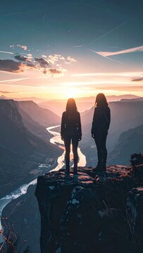Two people silhouetted against a vibrant sunset over a majestic mountain valley with a winding river.