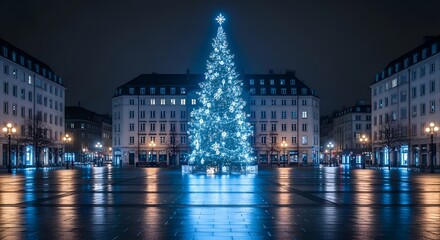 Fototapeta premium Large blue christmas tree in city square at night nighttime buildings streetlights