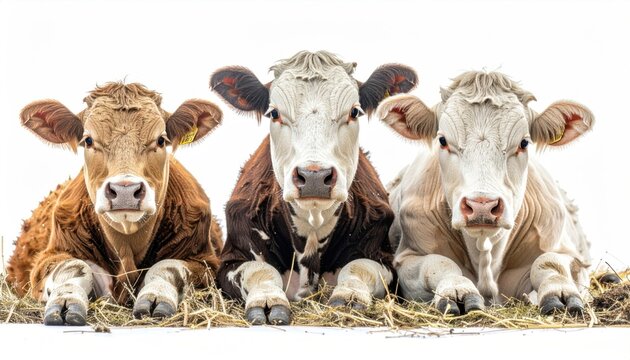 Three relaxed cows of varying colors, resting on hay, against a white background