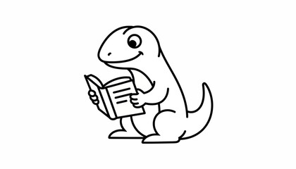 Obraz premium Cute cartoon dinosaur reading a book, black and white line art illustration