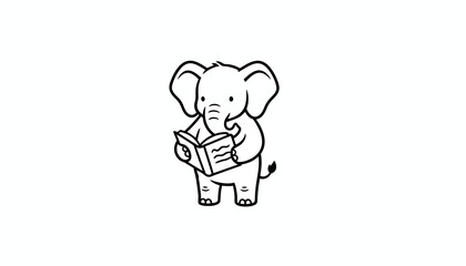 Fototapeta premium Cute cartoon elephant reading a book, black and white line art, isolated on white background