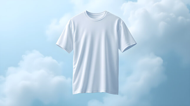 Blank white t-shirt floating against a soft blue sky with fluffy white clouds, centered composition, bright natural lighting, minimalist product photography style, peaceful mood