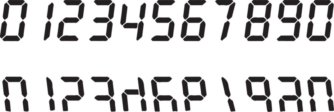 Digital clock font with seven segment led numbers and characters.
