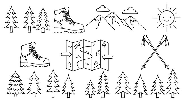Hiking boots and trekking poles icon.
