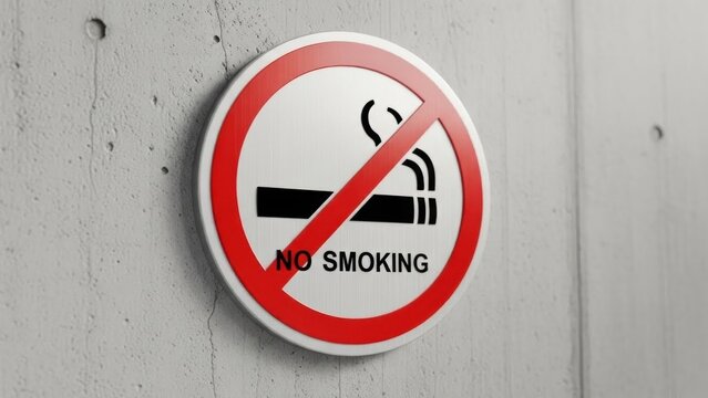 A circular sign with a red border and diagonal line through a cigarette icon on a gray wall