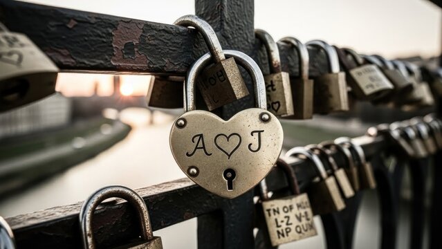 A heart-shaped lock with the letters A and J engraved on it, hanging from a bridge railing adorned with numerous other locks