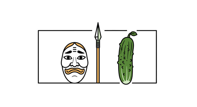 Surreal juxtaposition: Japanese Noh mask, spear, and pickle in a minimalist frame