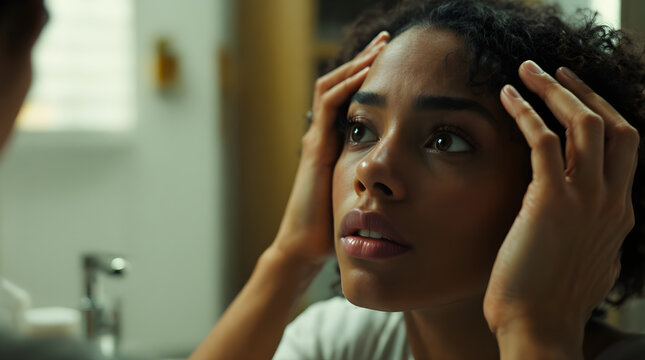 Young African American woman looking at her reflection in the bathroom mirror touching her hair with concern under soft indoor lighting
