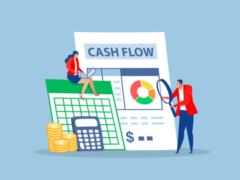 Cash flow statement document ,income or revenue vs expense, cost or investment, profit and loss, balance concept analyze calculate cash flow graph and chart.vector