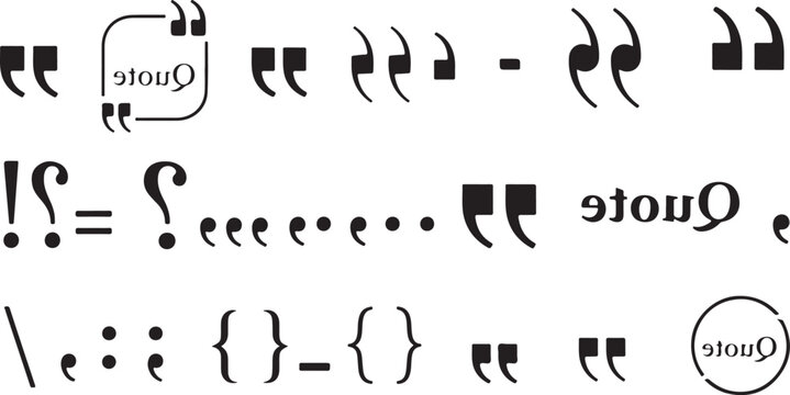 A collection of black vector punctuation marks, including quotation marks, question marks, and quote bubble frames for typography and layout design.