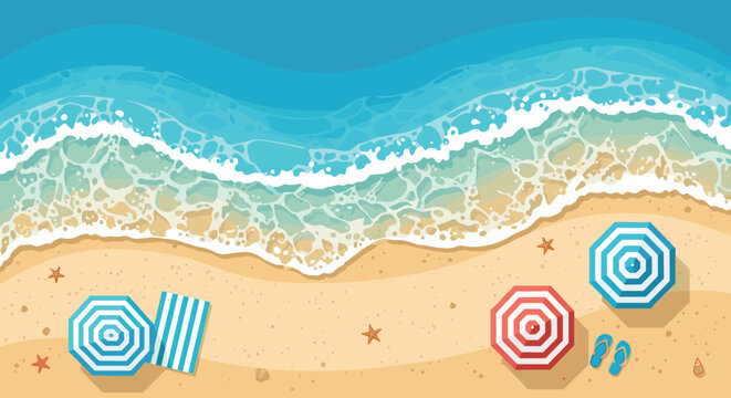 Beautiful top-down view of a sandy beach with blue ocean waves, beach umbrellas, towels, flip-flops, and starfish decorations for summer.
