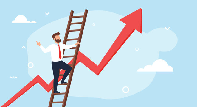 Determined businessman climbing a wooden ladder against a blue sky with a large red arrow pointing upwards representing success and growth.