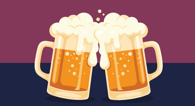 Festive illustration of two large glass beer mugs filled with amber beer and white foam clinking together in a celebratory toast among friends.