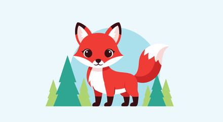 Obraz premium Adorable red fox with large expressive eyes standing in a stylized forest among evergreen pine trees under a clear sky.