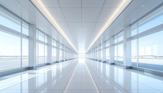 Modern airport terminal hallway with bright natural lighting and symmetrical design