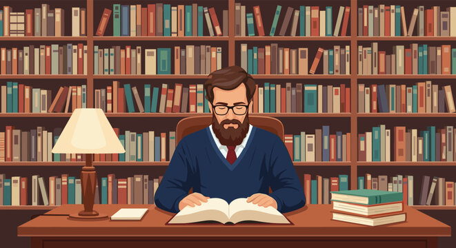 Intellectual man with a beard and glasses deeply focused on reading an open book at a desk in a classic library with many bookshelves.