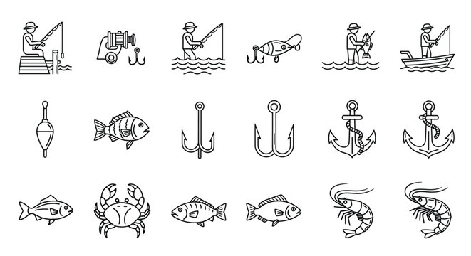 Extensive collection of black and white line icons representing various fishing activities, equipment, hooks, anchors, and sea creatures.