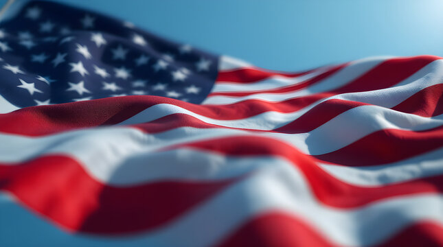 American flag waving in the wind against a clear blue sky, close up shot with selective focus and vibrant colors, patriotic mood