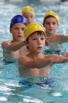 Children learning synchronized swimming in indoor pool