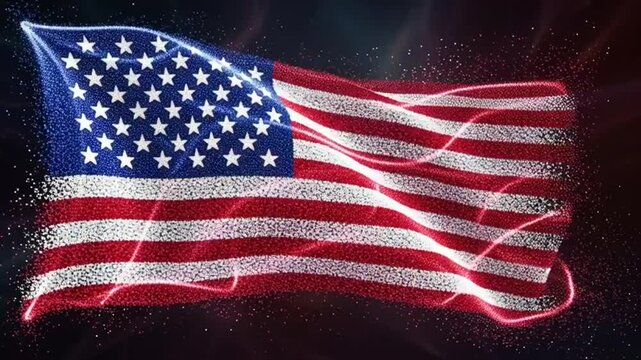 digital american flag waving with glowing light streaks on dark background
