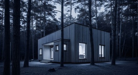 Fototapeta premium Modern Wooden Cabin in Forest at Dusk, Minimalist Architecture