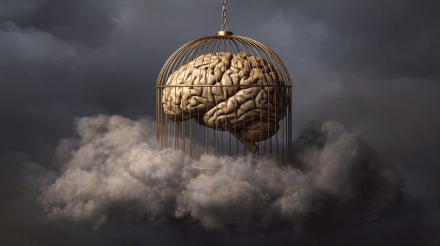 Digital artwork depicting a human brain encased in an ornate metallic cage floating amidst dark stormy clouds, symbolizing mental confinement and restriction