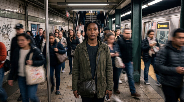 Vibrant urban flow blurs around a poised woman standing resolute on a New York City subway platform