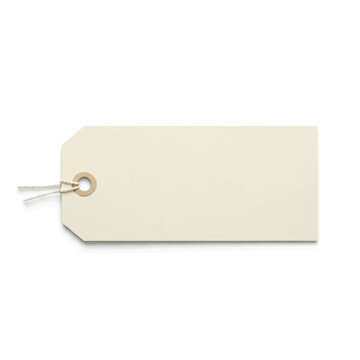 Minimal blank tag label with string and metal eyelet on white background.