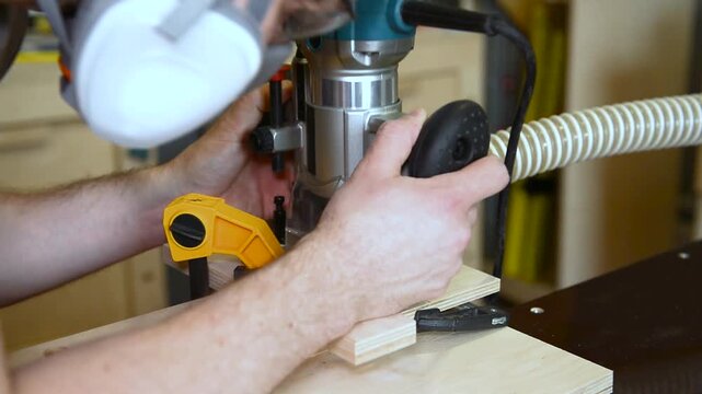Skilled carpenter flexing his muscles while using router at construction site. Wood router in action smoothly cutting into a wooden surface. shot highlights woodworking craftsmanship