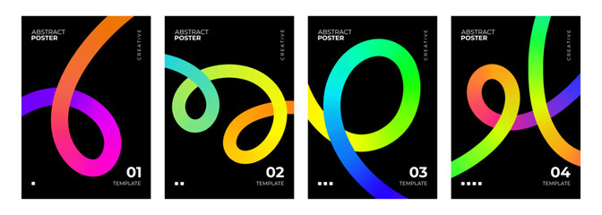 Set of abstract posters. Vibrant color gradient curved thick flowing lines on black background. Vector illustration.