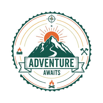 Adventure Awaits Mountain Crest Emblem Logo Featuring Sunburst and Banner.