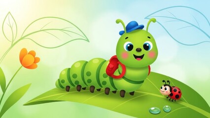 Obraz premium A cheerful green caterpillar wearing a blue hat and red backpack sits on a leaf with a ladybug