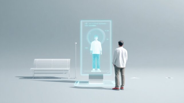 Man observing a large augmented reality display showcasing a virtual try-on experience, with a minimalist bench and soft gray background enhancing the futuristic atmosphere