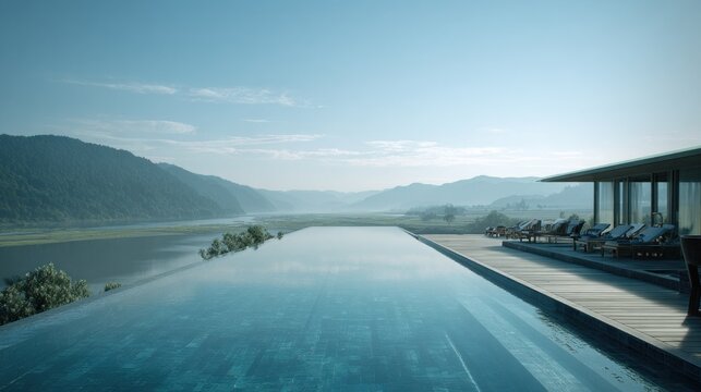 Stunning birds-eye view of a serene linear thermal pool aligned to the horizon, surrounded by lush greenery and distant mountains, creating a tranquil atmosphere