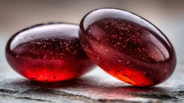 Two perfectly formed unblemished ruby gemstones with internal sparkle captured in macro detail
