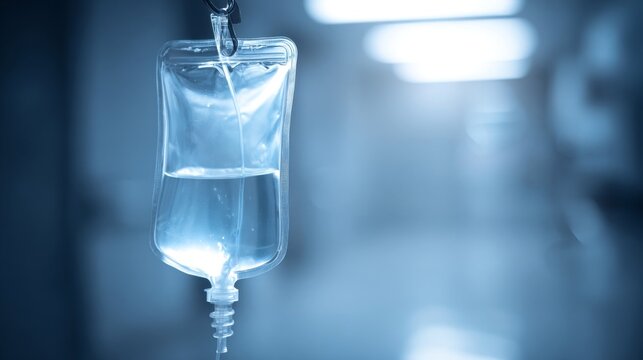 Intravenous IV bag filled with clear fluid undergoing infusion therapy in a medical setting