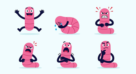 Fototapeta premium Cute Cartoon Worm Character Expressing Various Emotions and Actions