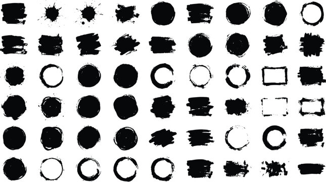 Collection of black brush strokes and shapes on white background for design elements  various circles squares and splatters