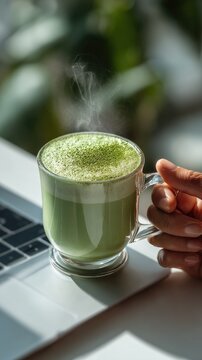 Green matcha latte in a glass cup on a white table with a laptop. Tea break, remote work, morning routine. Vertical orientation