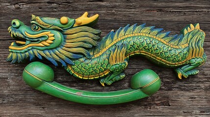 Obraz premium Handcrafted green and gold chinese dragon sculpture resting on a weathered dark wooden surface