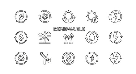 Fototapeta premium Renewable Energy Line Icons Set: Sustainable Power and Eco-Friendly Technology Symbols