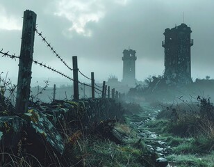 Naklejka premium Battlefield with collapsed watchtowers, barbed wire, and foggy horizon, somber tone