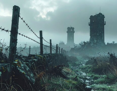Battlefield with collapsed watchtowers, barbed wire, and foggy horizon, somber tone
