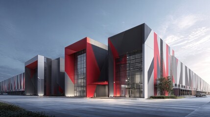 Obraz premium High-tech logistics hub exterior showcasing geometric shapes and modern design, featuring vibrant colors and innovative architecture for efficient operations