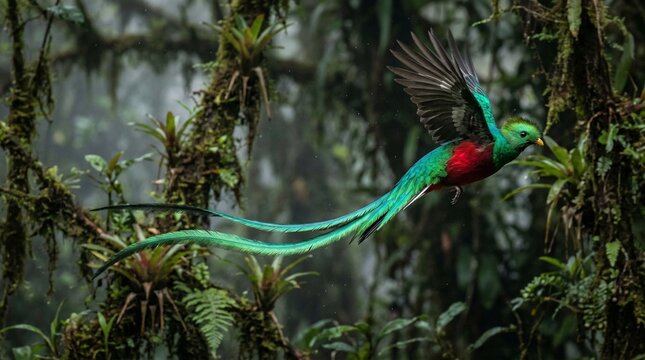 Magnificent Resplendent Quetzal flying gracefully through a vibrant, misty cloud forest.