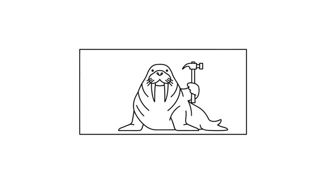 Funny Walrus Holding Hammer, Cartoon Style, Isolated on White Background