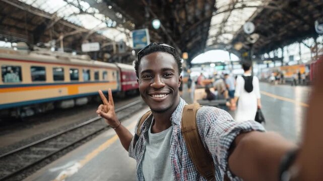 Journey Selfie: A happy traveler captures a cheerful selfie at a train station, conveying the thrill of new beginnings and exploration.